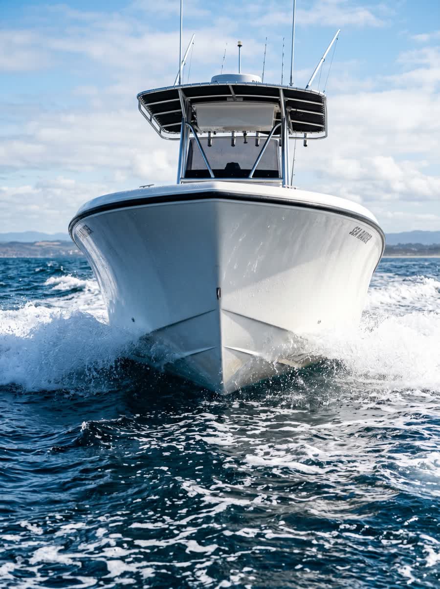 Centre-console boat cutting through open water