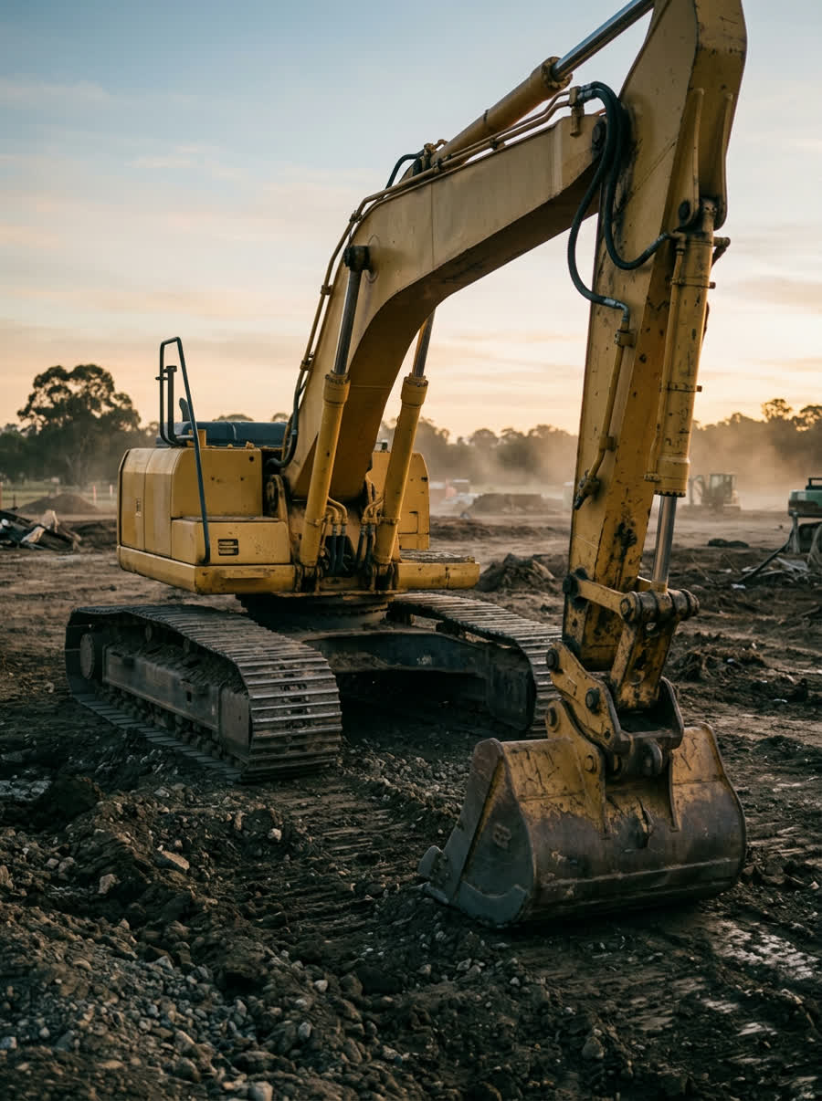 Yellow excavator on an earthworks site at dawn