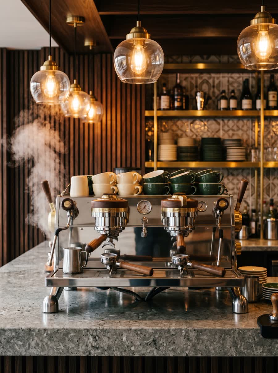 Espresso machine on a stone counter in a new cafe fit-out