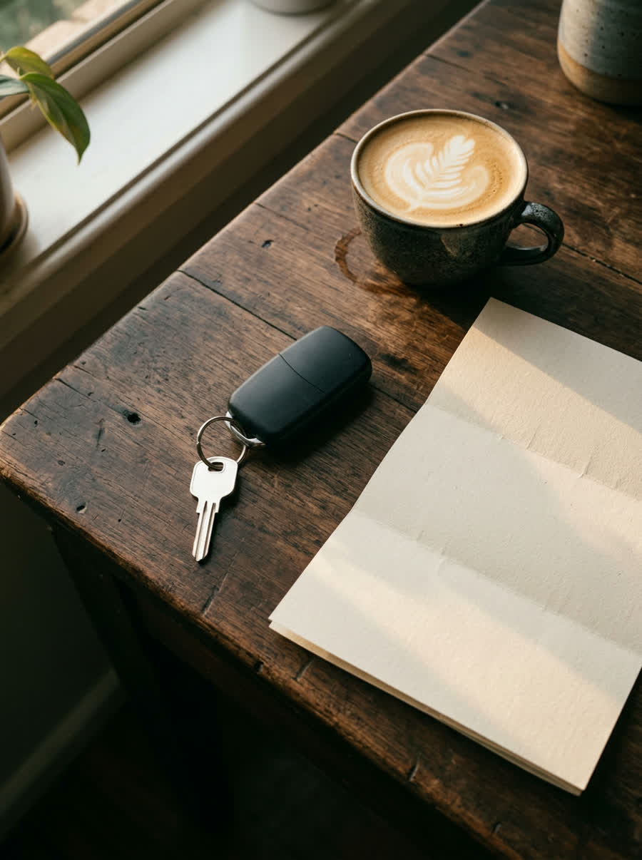 Car key and folded document on a timber desk beside a coffee