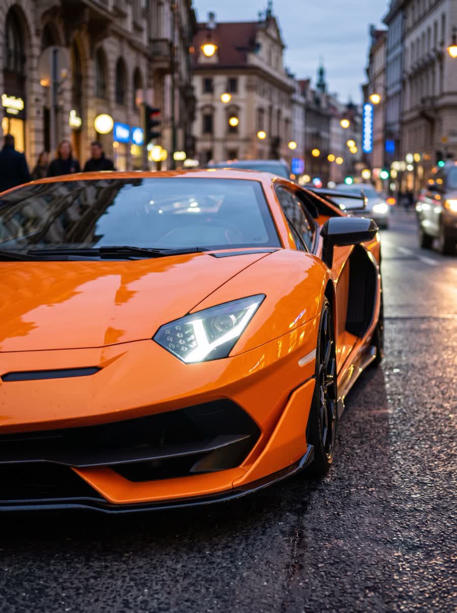 Orange supercar parked on a city street at dusk