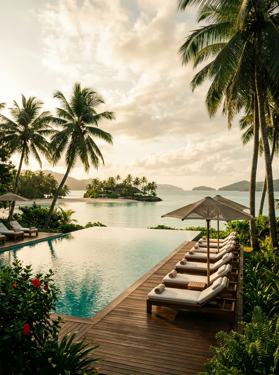 Tropical beachfront holiday resort with an infinity pool at golden hour